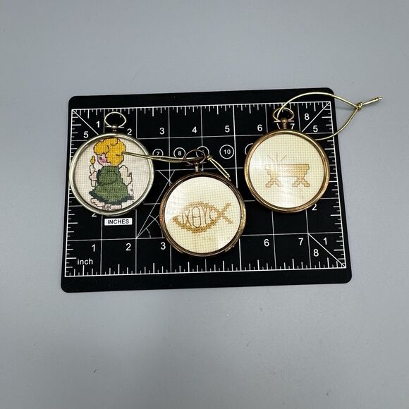 Vtg 3 Framed Cross Stitch Ornaments Fish Angel Manger Cradle Christmas Religous - Picture 2 of 14